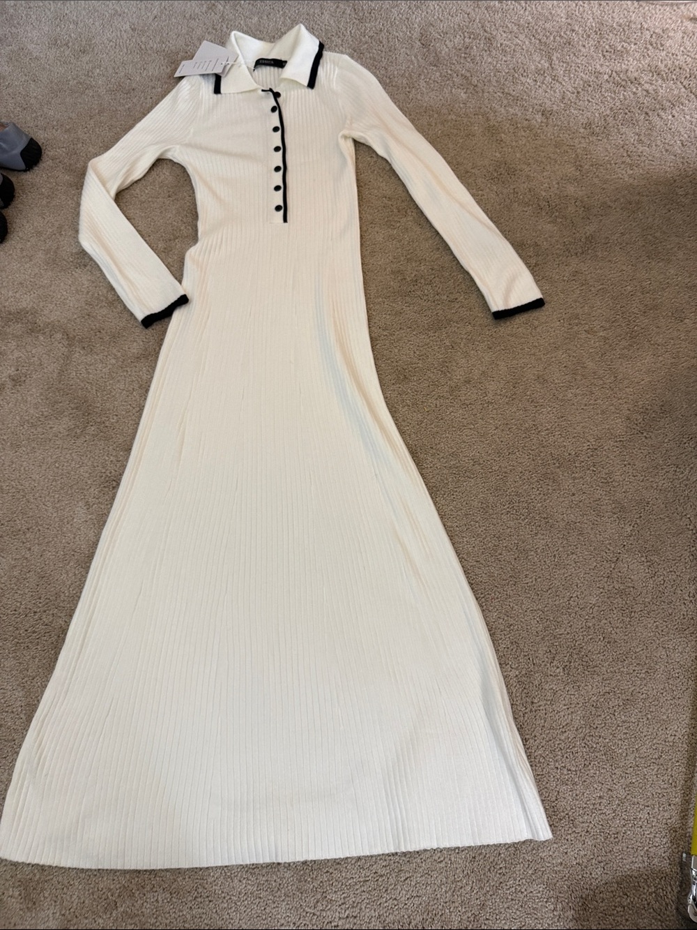 Women’s Cream Ribbed Long-Sleeve Polo Dress with Black Trim